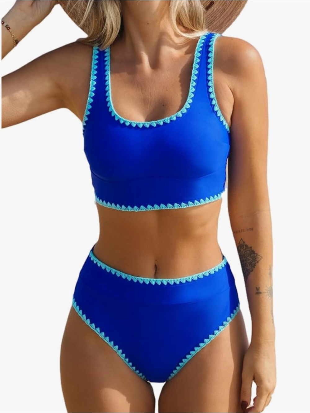 Cupshe 2 Piece Bikini Swimsuit Wide Straps Scoop Neck Tank Stitching Size Small